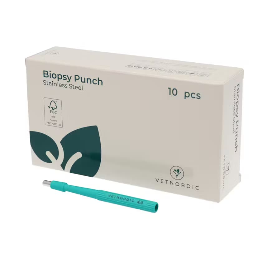 Boîte de 10 poinçons de biopsie VetNordic 4 mm lame acier inoxydable manche ergonomique.