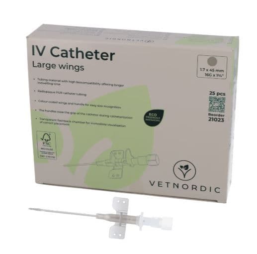 Boîte de 25 cathéters IV gris Vetnordic 16G avec grandes ailes et chambre de reflux transparente pour usage vétérinaire.
