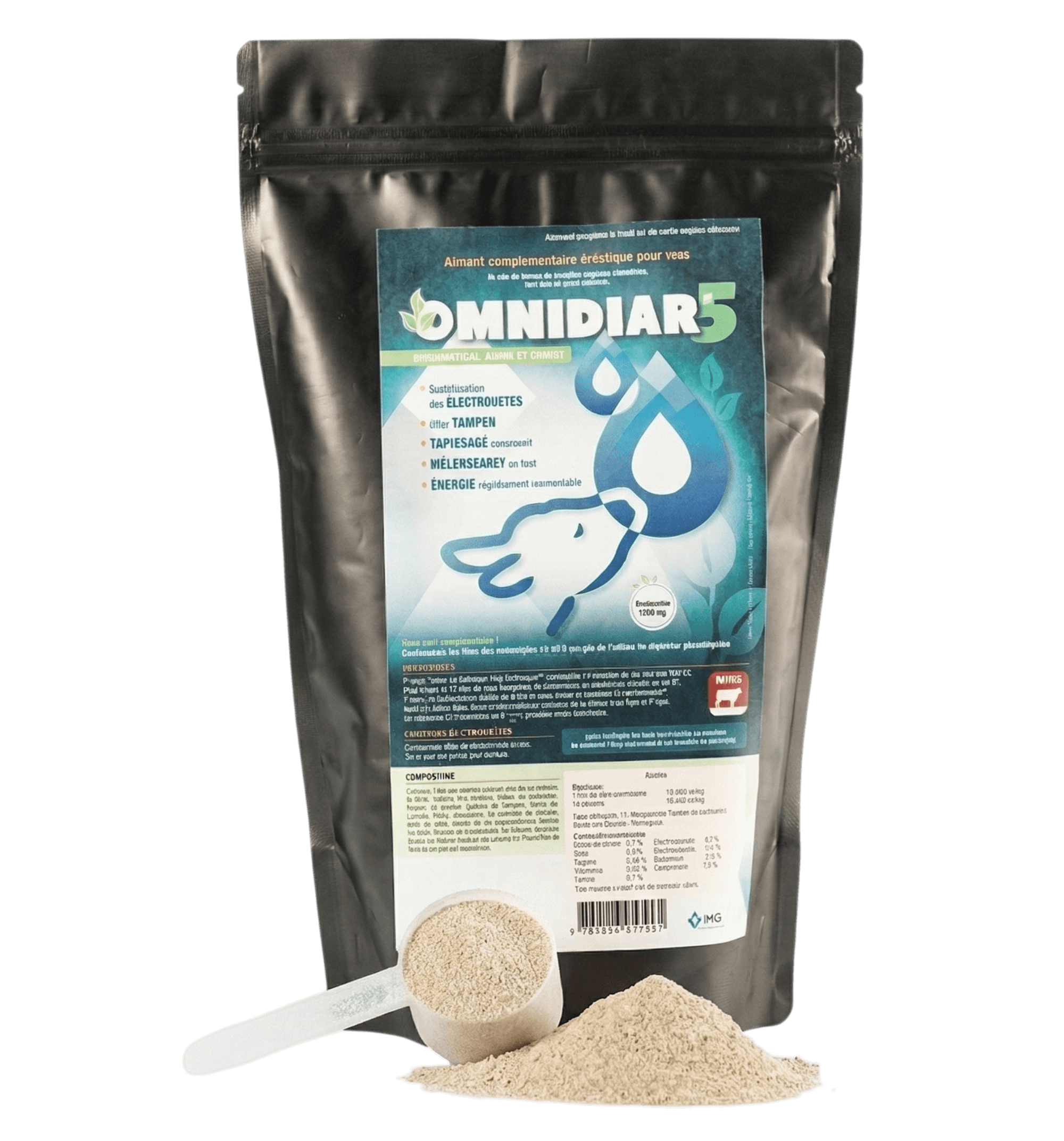Sachet noir d'Omnidiar avec une dose de poudre, solution électrolytique et protectrice pour le système digestif des veaux.