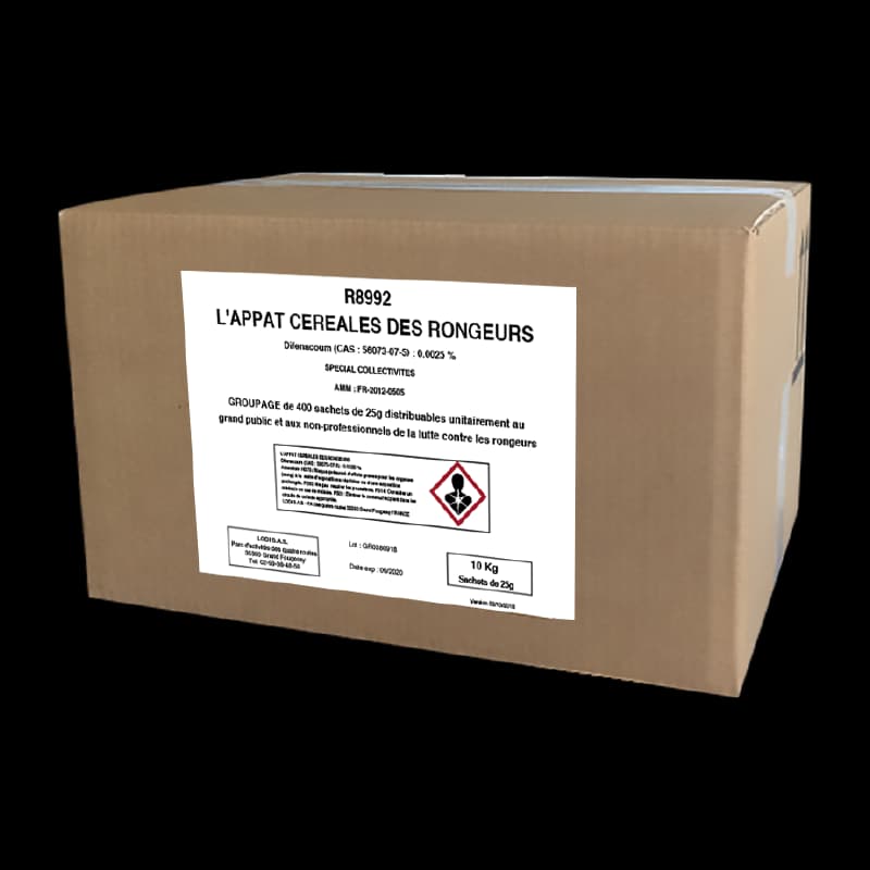 Carton 10kg L'Appât Céréales des Rongeurs Difénacoum 25 PPM professionnel.