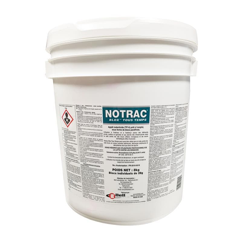 Seau de 8 kg de raticide NOTRAC Blox Tous Temps, appât paraffiné en blocs de 28g pour le contrôle des rats et souris en milieux humides et égouts.