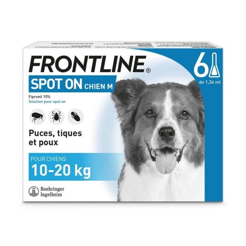 Boîte blanche et bleue de Frontline Spot On Chien M contenant 6 pipettes de traitement anti-puces et anti-tiques pour chien de 10 à 20 kg.