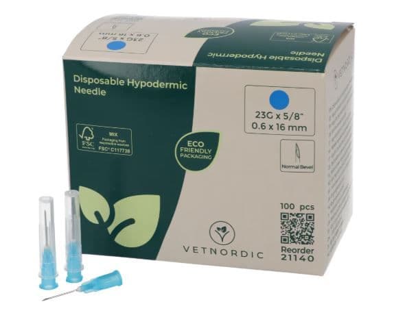 Boîte de 100 aiguilles hypodermiques VetNordic 23G Bleue 16mm, pour chatons et NAC.