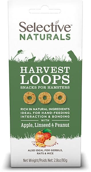 Paquet de 80 g de friandises Supreme Selective Naturals Harvest Loops à la pomme, cacahuète et graines de lin pour hamsters et rongeurs.