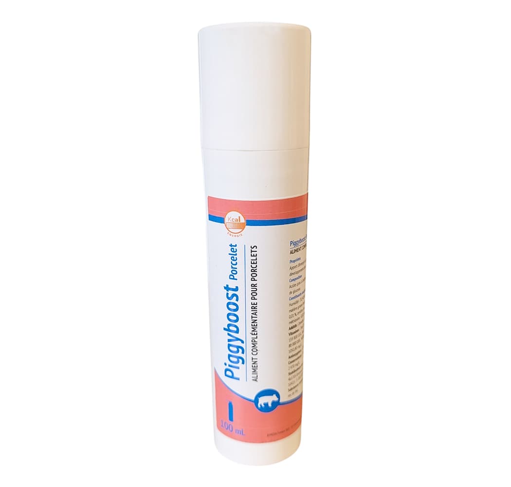 Flacon pompe PIGGYBOOST 100ml, aliment complémentaire colostrum et énergie pour porcelet chétif.