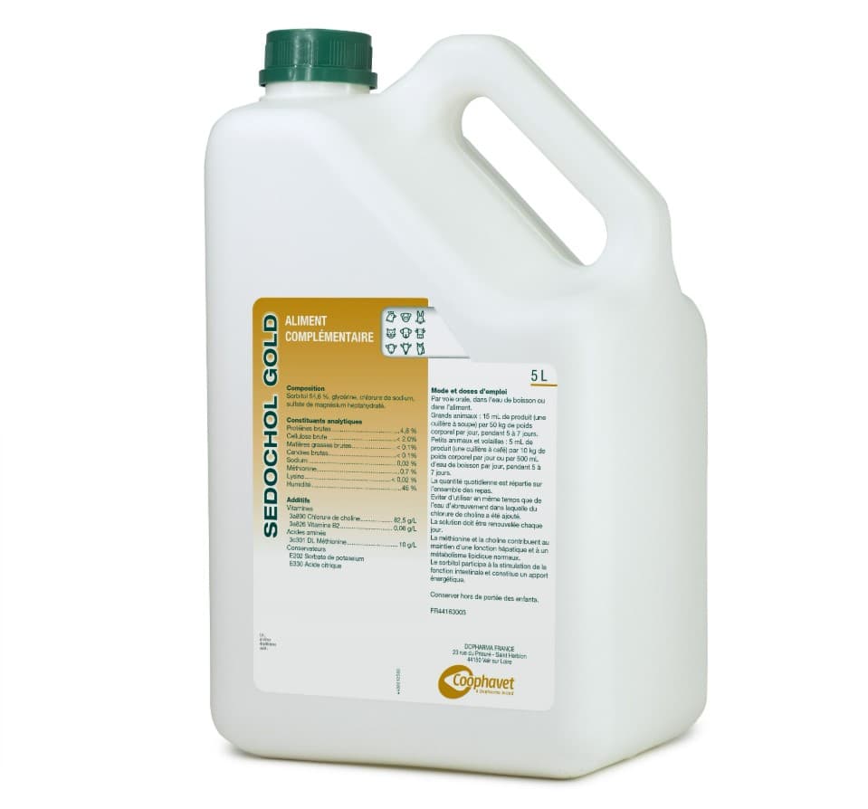 Bidon blanc de 5 litres de SEDOCHOL GOLD Coophavet, aliment complémentaire pour le soutien hépatique des animaux d'élevage.
