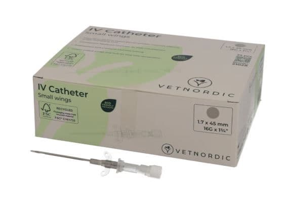Boîte de 25 cathéters IV gris Vetnordic 16G avec petites ailes et chambre de reflux transparente pour usage vétérinaire.