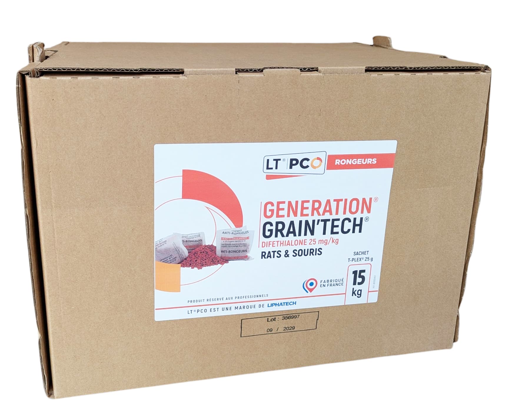 Grand carton brun de 15 kg de GENERATION® GRAIN'TECH® LT PCO Rongeurs, indiquant la fabrication française et le dosage à la Diféthialone.