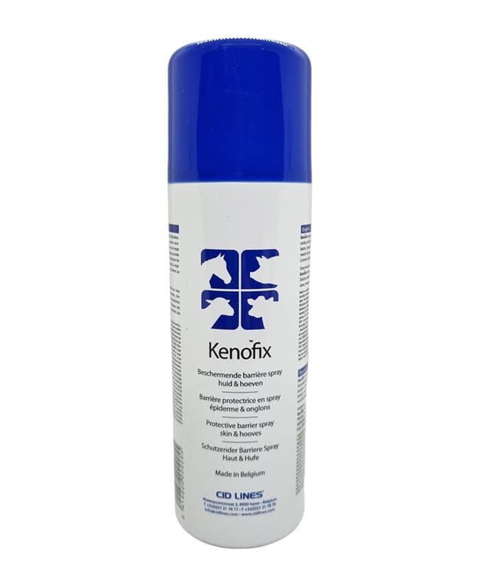 Aérosol blanc et bleu de 300 ml KENOFIX de CID LINES, spray barrière protectrice pour la peau et les onglons de toutes les espèces animales.