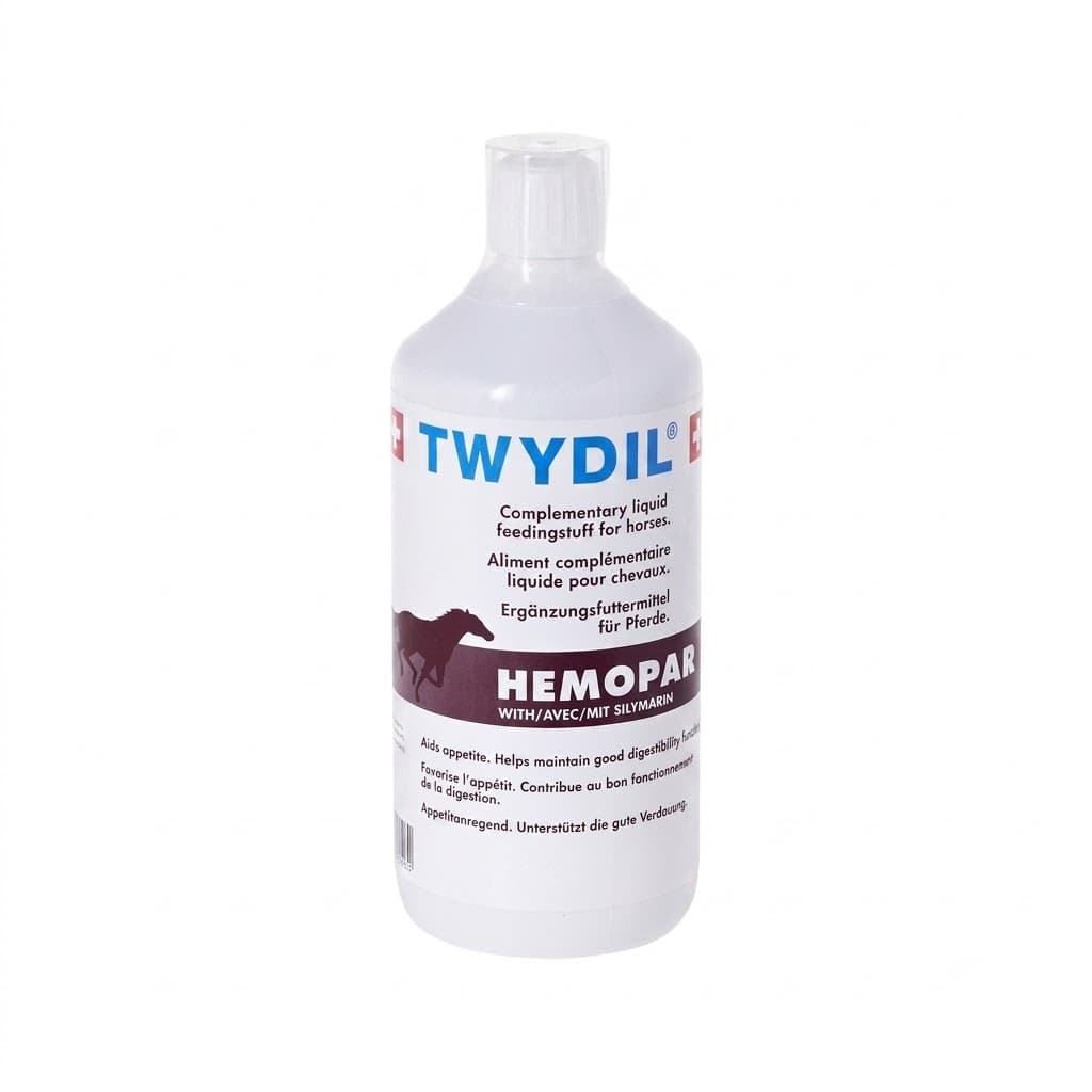 Flacon blanc de 1 Litre de solution liquide Twydil Hemopar à la Silymarine pour le foie et l'appétit du cheval.