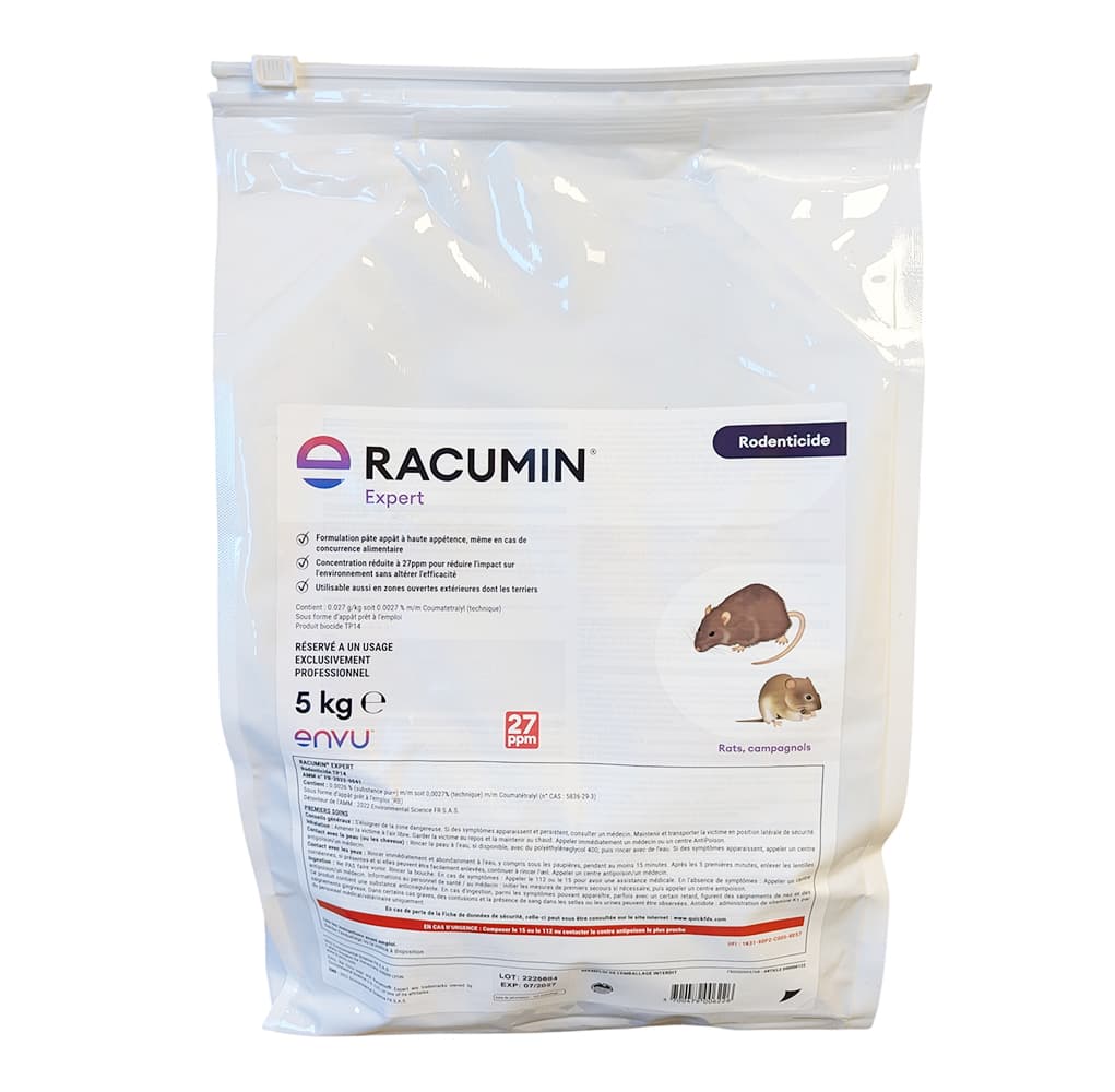 Sac blanc de 5 kg de RACUMIN Expert, appât rodenticide en pâte pour usage professionnel exclusivement.
