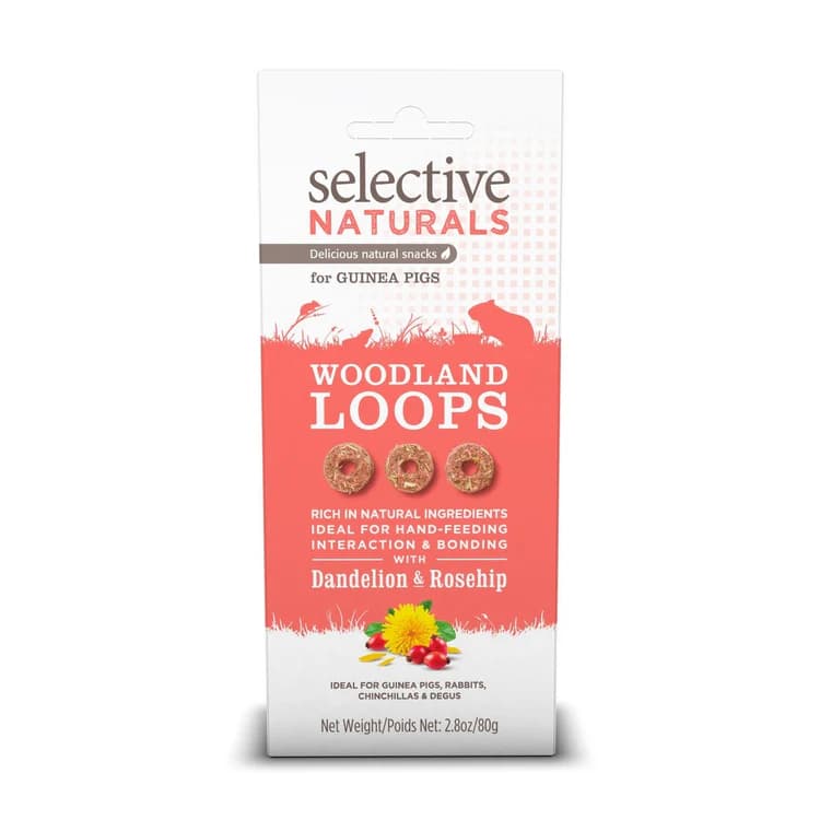 Paquet de 80 g de friandises Supreme Selective Naturals Woodland Loops au foin de phléole, pissenlit et cynorhodon.