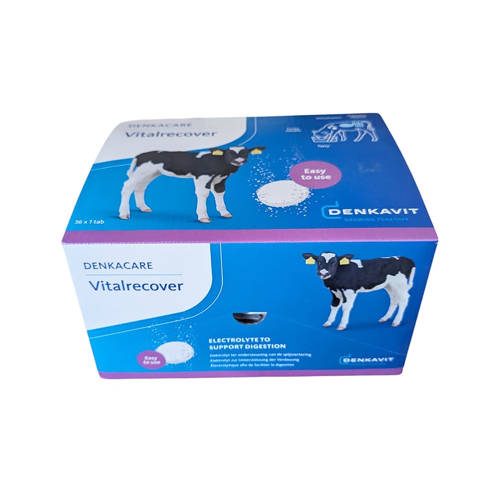 Boîte bleue et blanche de 36 galets effervescents DENKACARE Vitalrecover par Denkavit, solution électrolytique pour la réhydratation des veaux.