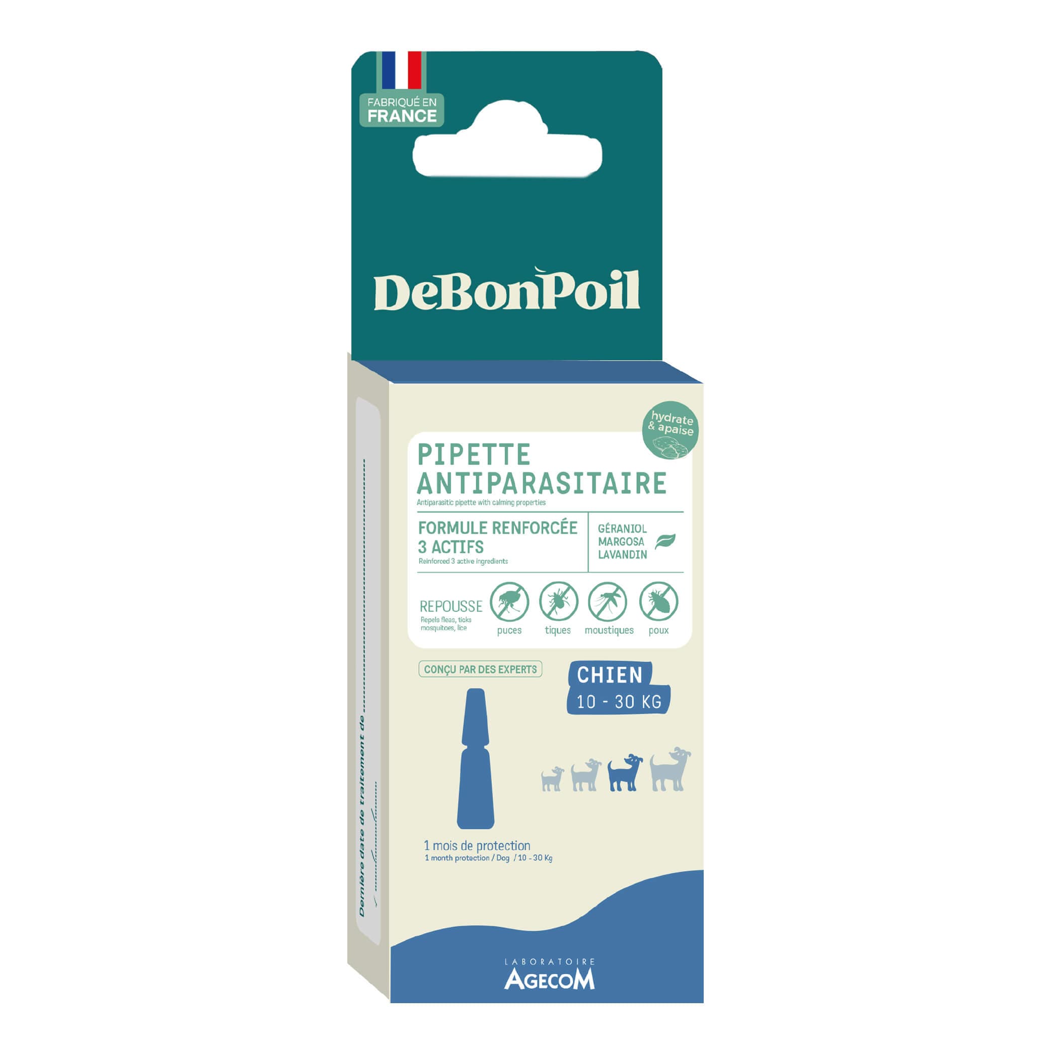 Boîte cartonnée blanche et bleue de Pipette Antiparasitaire Chien 15-30 kg DeBonPoil formule renforcée aux 3 actifs fabriquée en France.