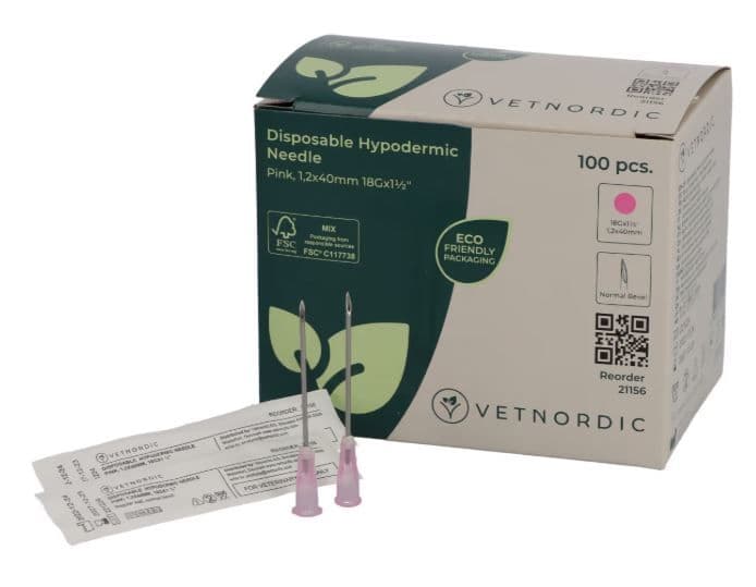 Boîte de 100 aiguilles hypodermiques VetNordic 18G Rose 40mm, biseau normal pour IM profonde.