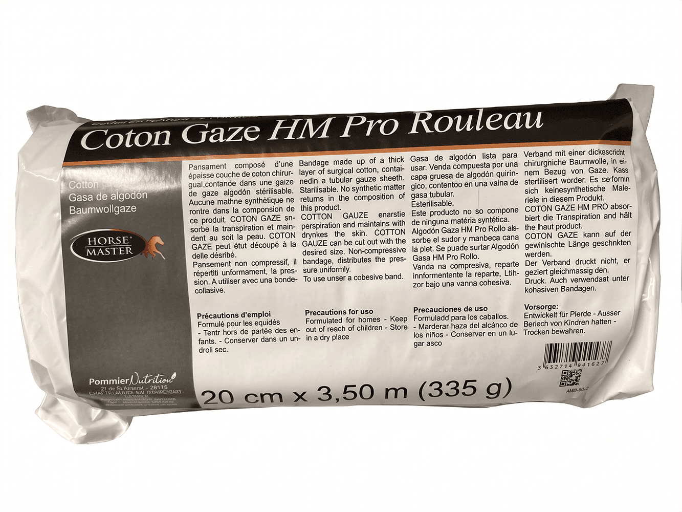 Rouleau de 20 cm x 3,5 m de Coton Gaze HM PRO sous sachet plastique pour pansements vétérinaires de cheval.