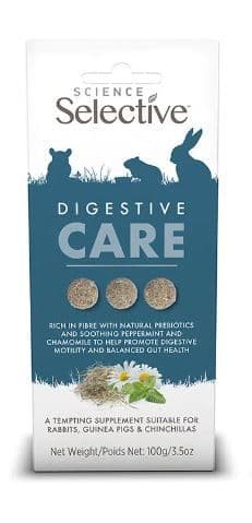 Étui de 100 g de friandises digestives Supreme Science Selective Care Digestive avec rondelles de foin, menthe poivrée et camomille.