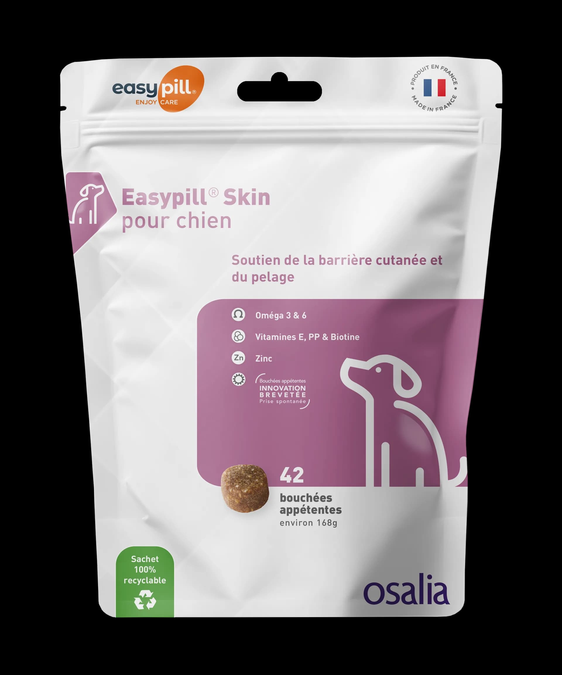 Sachet Easypill Skin Chien 42 bouchées - Complément peau et pelage avec Oméga 3, Zinc et Biotine