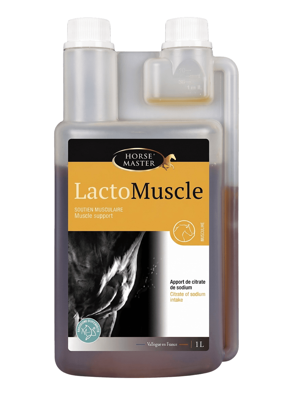 Flacon doseur transparent de 1 Litre de solution liquide LactoMuscle Horse Master pour l'acide lactique et la récupération musculaire du cheval.
