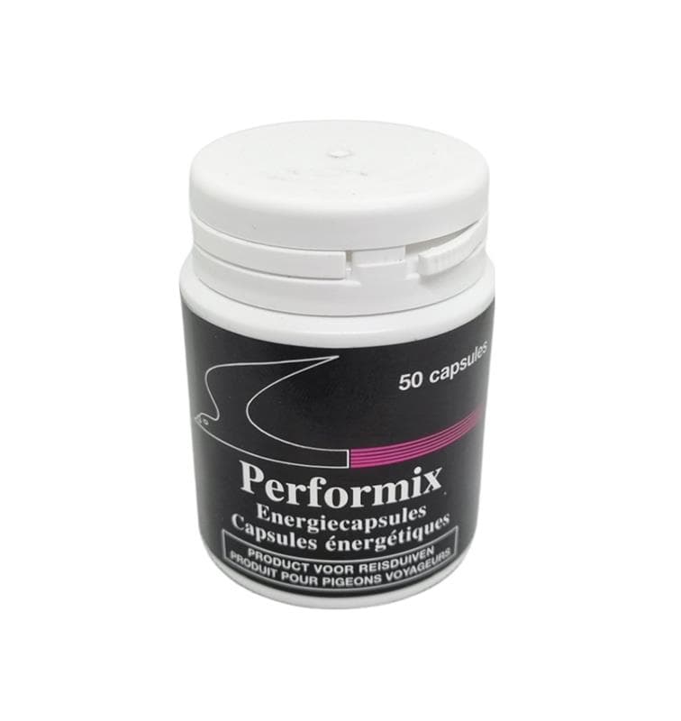 Boîte de 50 capsules énergétiques Performix Laboratoires MOUREAU pour pigeons voyageurs.