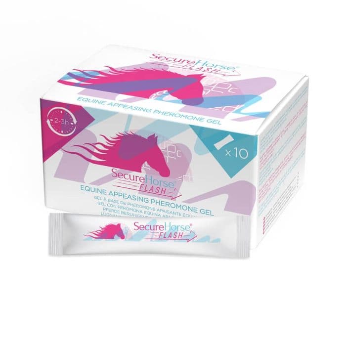 Boîte de 10 unidoses SecureHorse FLASH, gel à base de phéromone apaisante équine pour la gestion rapide du stress chez le cheval.
