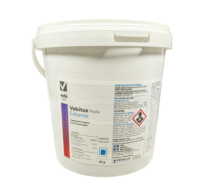 Seau blanc de 5 kg de Vebitox Pasta Extreme, rodenticide professionnel en pâte bleue au Brodifacoum.