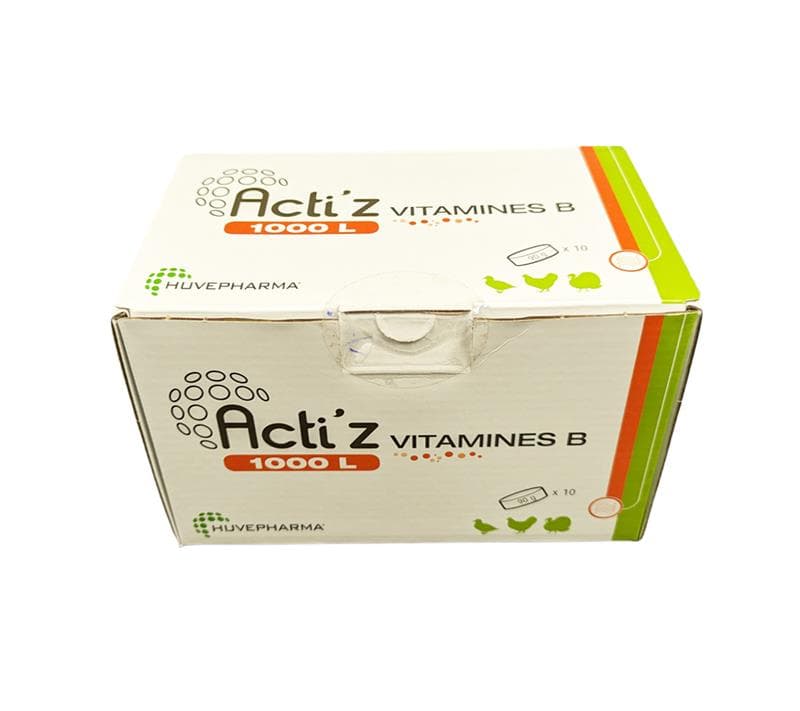 Acti’Z Vitamine B 1000 L Huvépharma – complément vitaminé effervescent pour volailles et gibiers, prévention des carences et maintien de la vitalité.