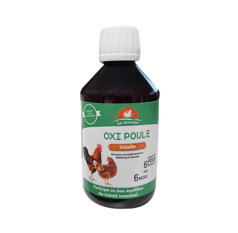 Flacon de 250 ml Le Fermier OXI POULE, complément alimentaire liquide pour l'équilibre du transit intestinal et du microbiote des volailles.