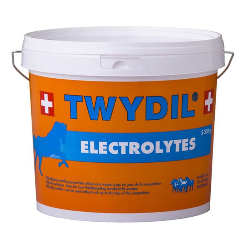 Seau orange de 5 kg de poudre Twydil Electrolytes pour la réhydratation du cheval.