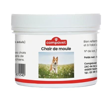 Pot de 150g de poudre de Chair de moule Compavet BlueMussel™ pour le bien-être articulaire des chiens et des chats.