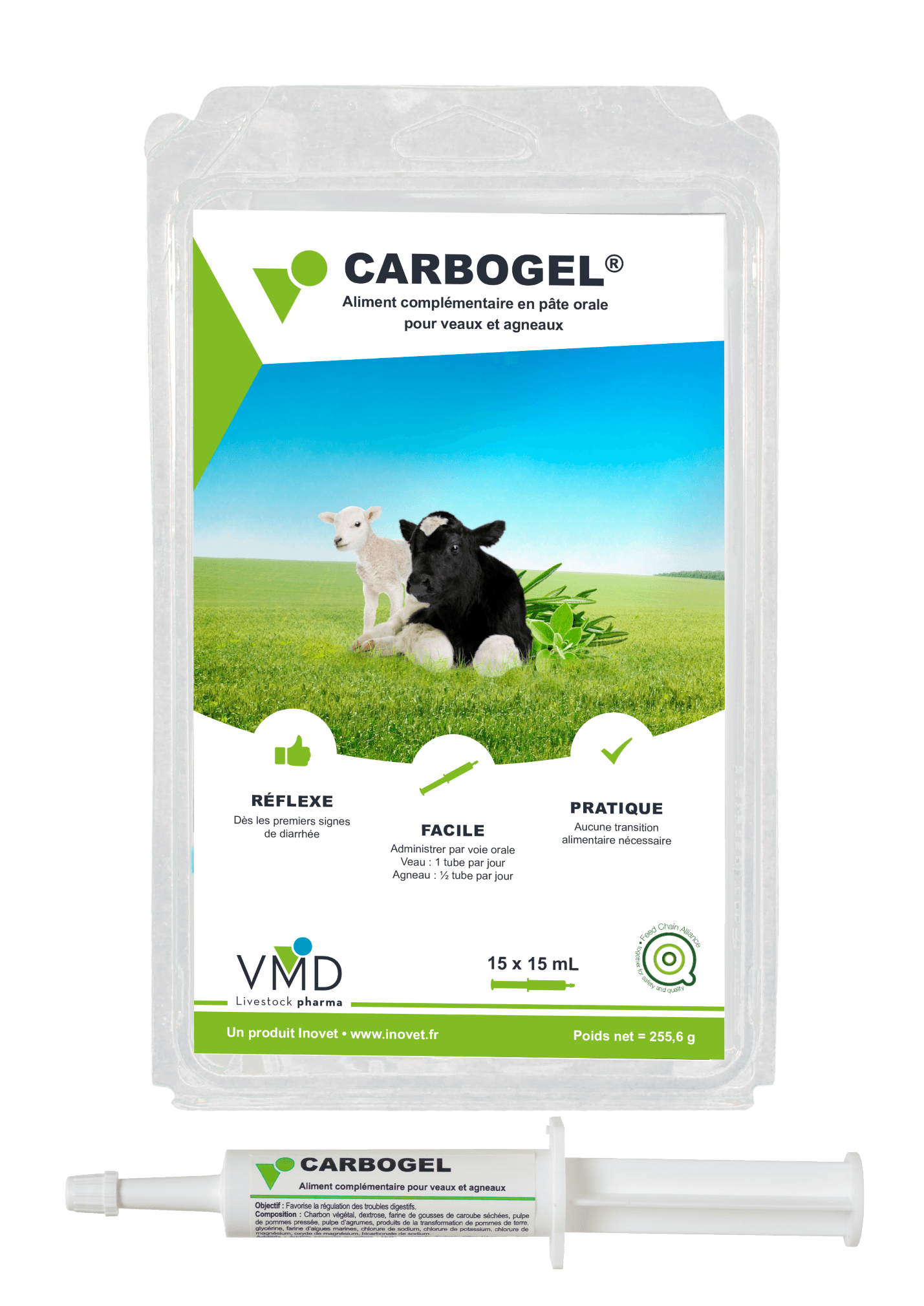 Boîte de 15 tubes de CARBOGEL avec une seringue orale prête à l'emploi pour le traitement des troubles digestifs chez les veaux et agneaux.
