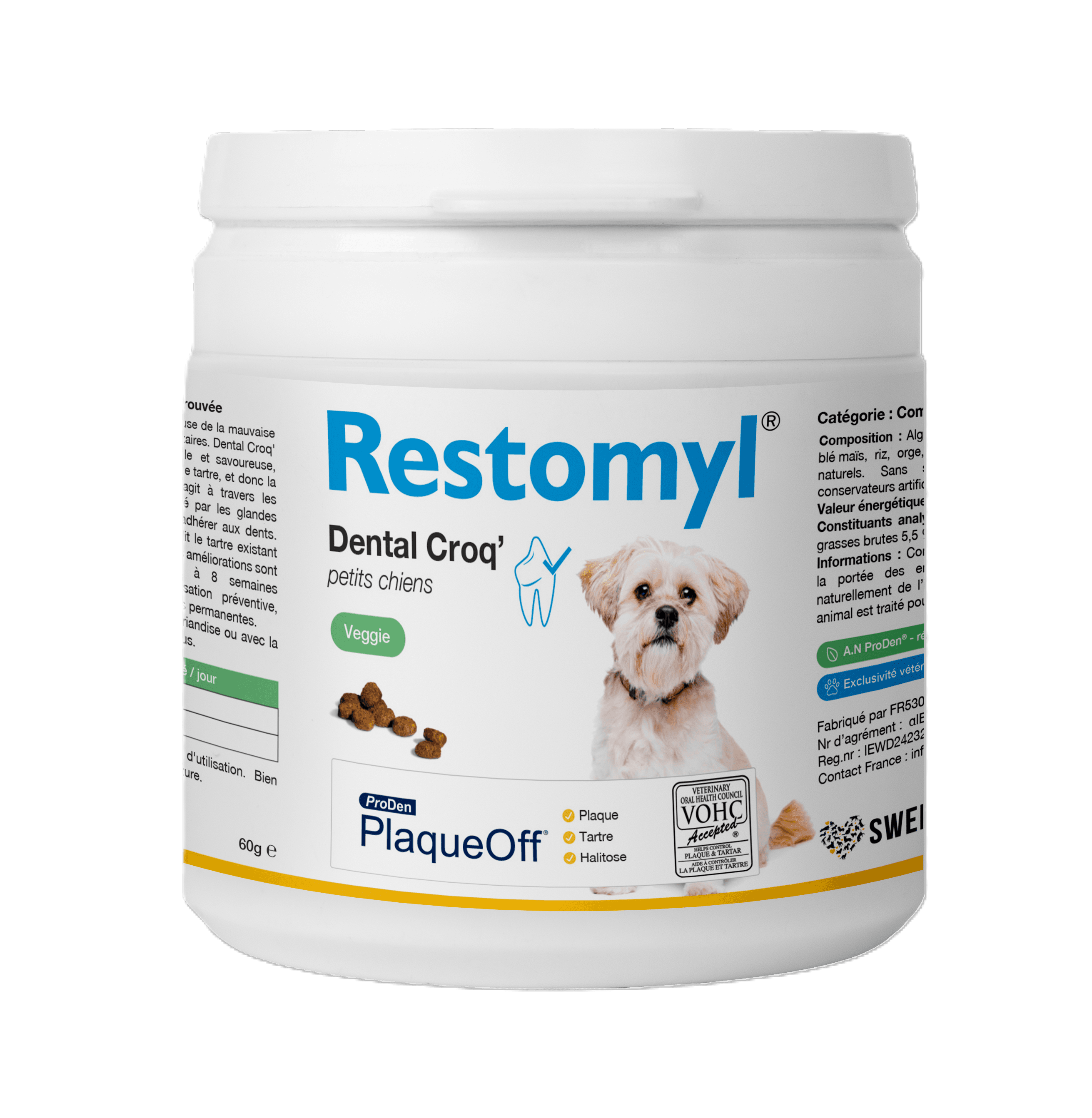 Pot de 60g de croquettes bucco-dentaires Restomyl PlaqueOff Dental Croq Veggie pour petit chien.