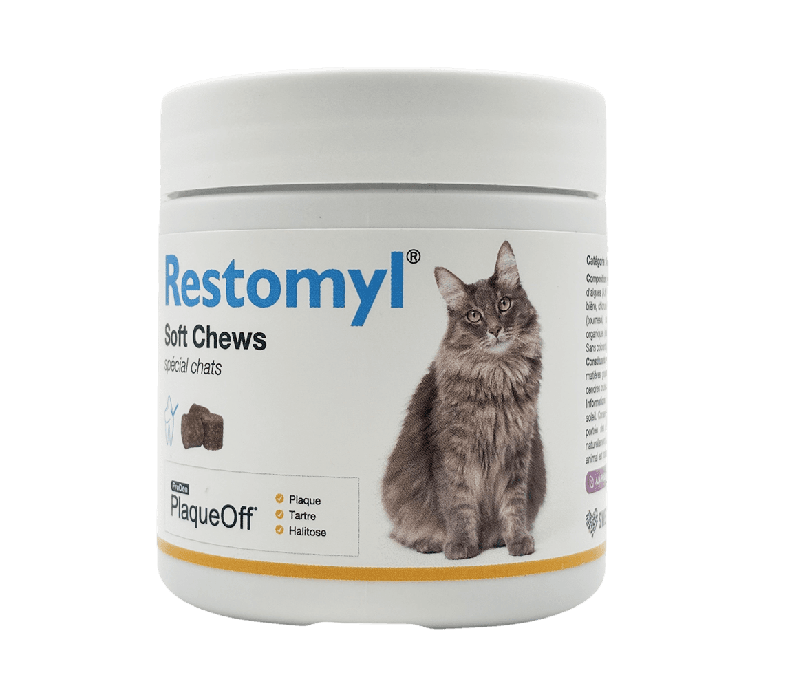 Pot de 60 bouchées tendres bucco-dentaires Restomyl PlaqueOff Soft Chews pour chat.