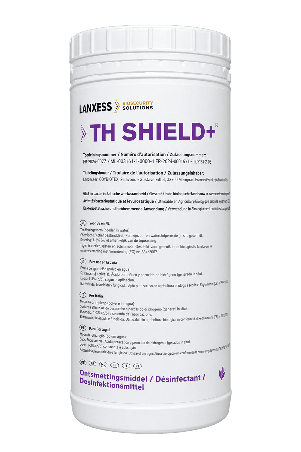 Flacon ou pot cylindrique blanc de 1 kg de TH-Shield + Lanxess, biocide biologique pour l'hygiène des bâtiments d'élevage.