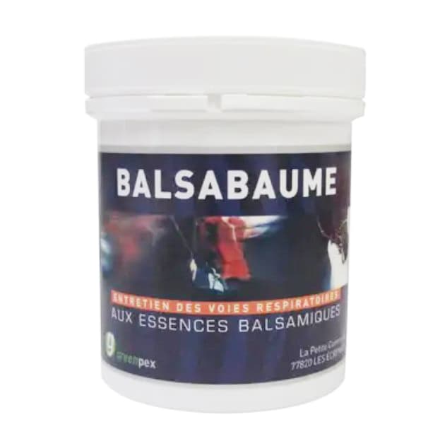 Pot de 250 ml de crème BALSABAUME Greenpex aux essences balsamiques pour voies respiratoires du cheval.