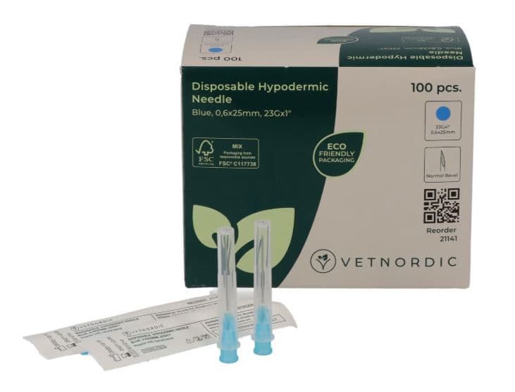 Boîte de 100 aiguilles hypodermiques VetNordic 23G Bleue 25mm, pour chats et NAC.