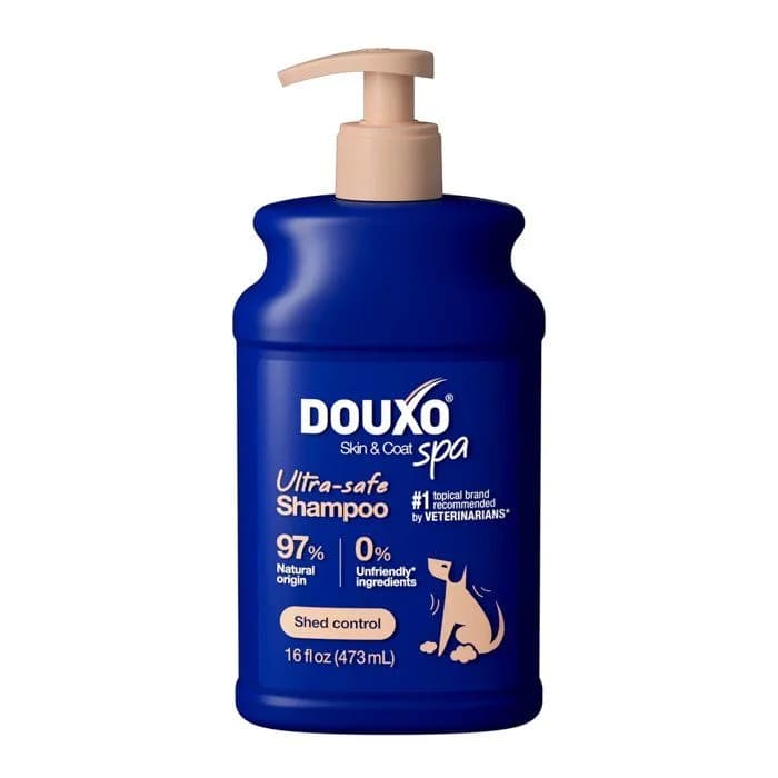 Flacon Douxo SPA Shampoing Anti-Chute de Poils 250 ml bleu avec pompe doseuse, soin chien pour limiter la perte de poils et nourrir le pelage.