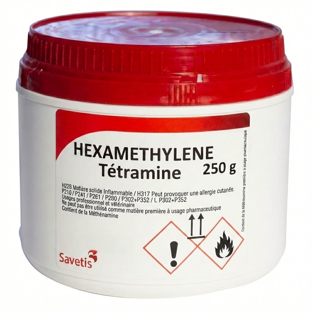 Pot de 250g d'Hexaméthylène Tétramine de la marque Savetis, antiseptique urinaire à usage vétérinaire et professionnel.