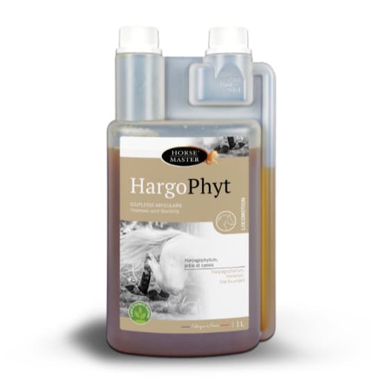 Flacon doseur transparent de 1 Litre de solution liquide HargoPhyt Horse Master pour la mobilité du cheval.