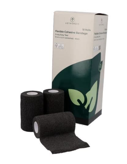 Bande cohésive noire large 10cm VetNordic Easy Tear pour cheval et grand chien.