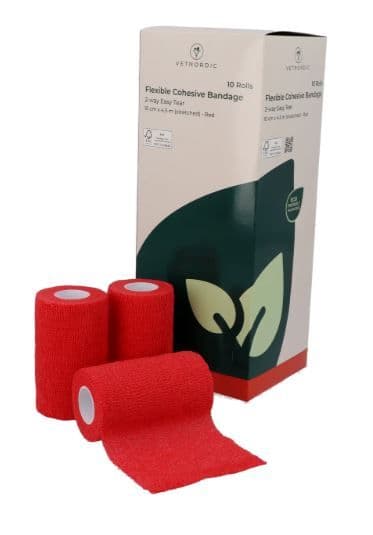 Bande cohésive rouge large 10cm VetNordic pour cheval et grand chien.
