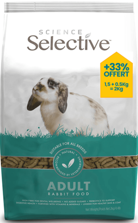 Sachet de 2kg d'aliment complet extrudé pour lapin adulte Science Selective Supreme Petfoods +33% offert.