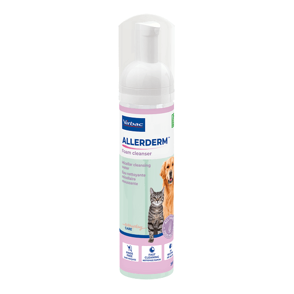 Allerderm Foam Cleanser 200 ml Virbac – mousse nettoyante sans rinçage pour chien et chat, soin apaisant pour peau sensible.