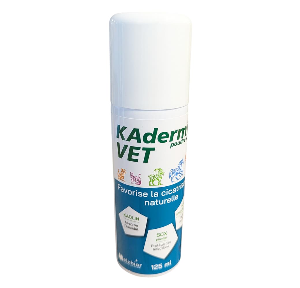 Kadermin Vet Poudre Spray 125 ml – soin cicatrisant naturel au kaolin et miel pour la peau des chiens, chats et chevaux.