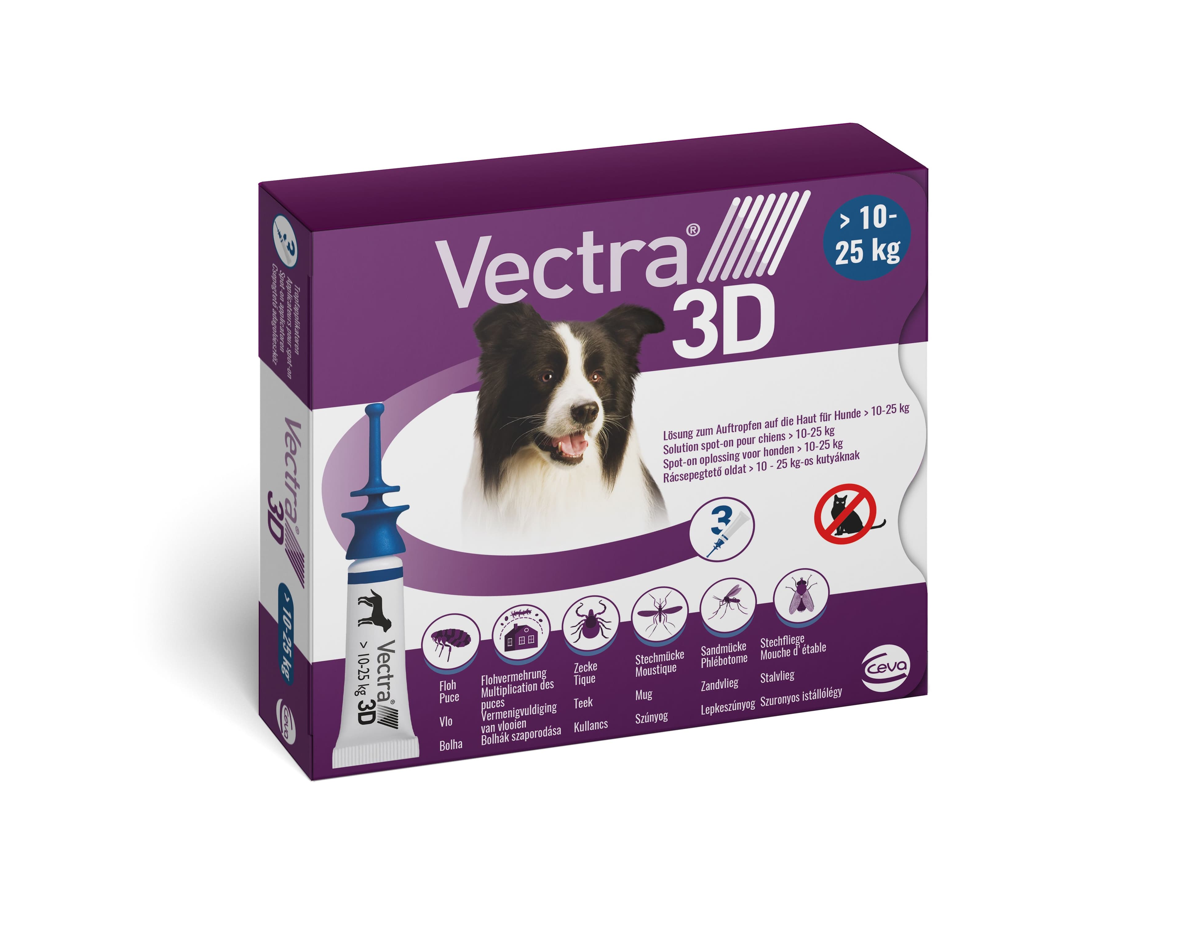 Vectra 3D pipettes antiparasitaires pour chiens moyens 10–25 kg contre puces, tiques, moustiques et phlébotomes.