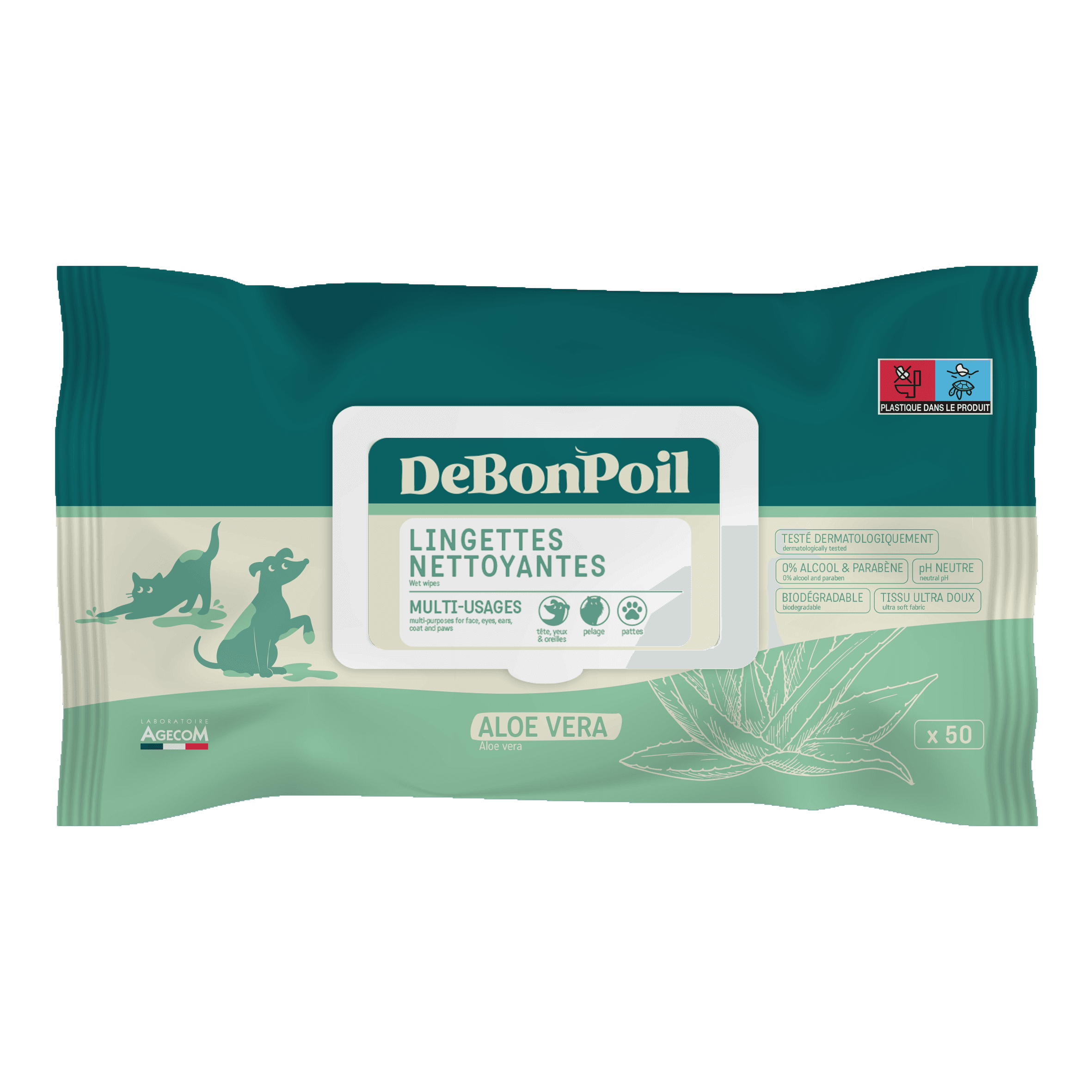 Paquet de 50 lingettes nettoyantes DeBonPoil à l'Aloe Vera pour chien et chat soin hydratant