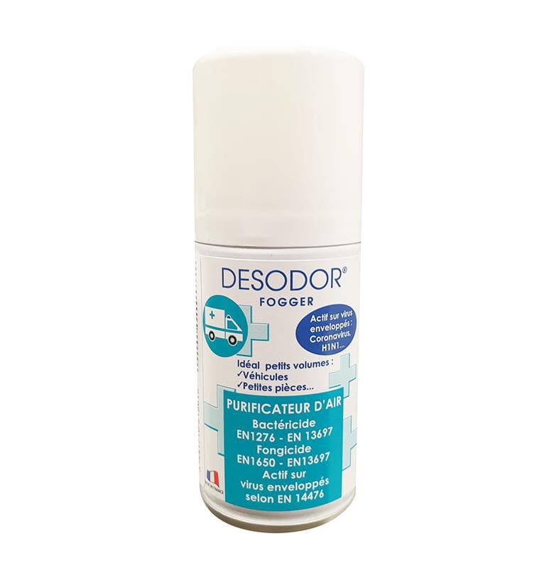 Aérosol compact de 75 ml Désodor Fogger, purificateur d'air et désinfectant surfaces, spécialement conçu pour ambulances et climatisations.