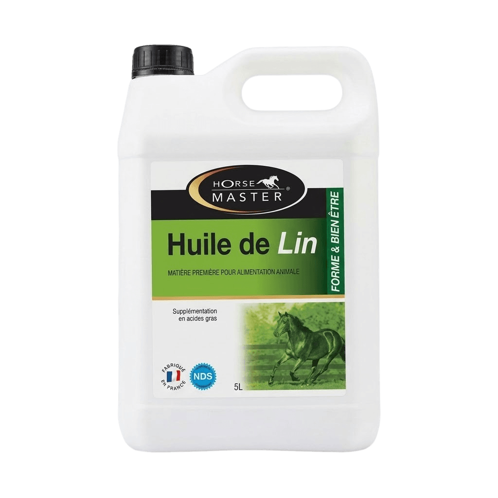 Bidon blanc de 5 Litres d'Huile de Lin Horse Master pour le poil et la digestion du cheval.