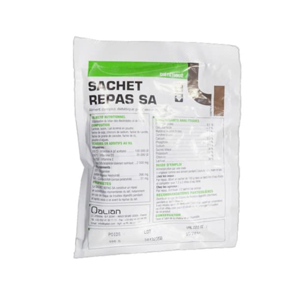 Sachet de 100 g de Sachet Repas SA Huvepharma, aliment complet diététique pour la substitution du lait chez les veaux et agneaux en cas de troubles digestifs.