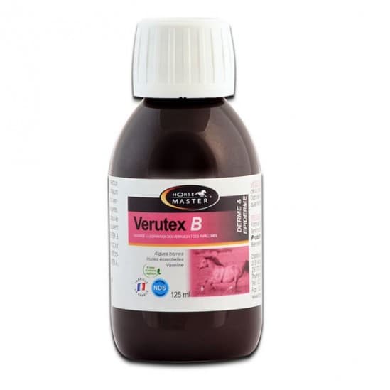 Flacon brun de 125 ml de lotion externe Verutex B Horse Master pour éliminer les verrues du cheval.